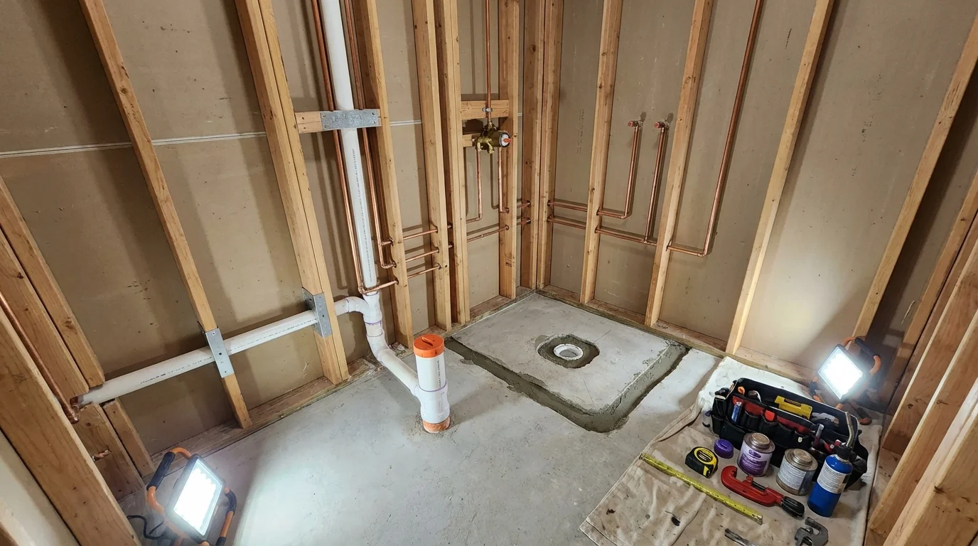 Bathroom rough-in plumbing during remodel by Johns Plumbing LLC in Carteret