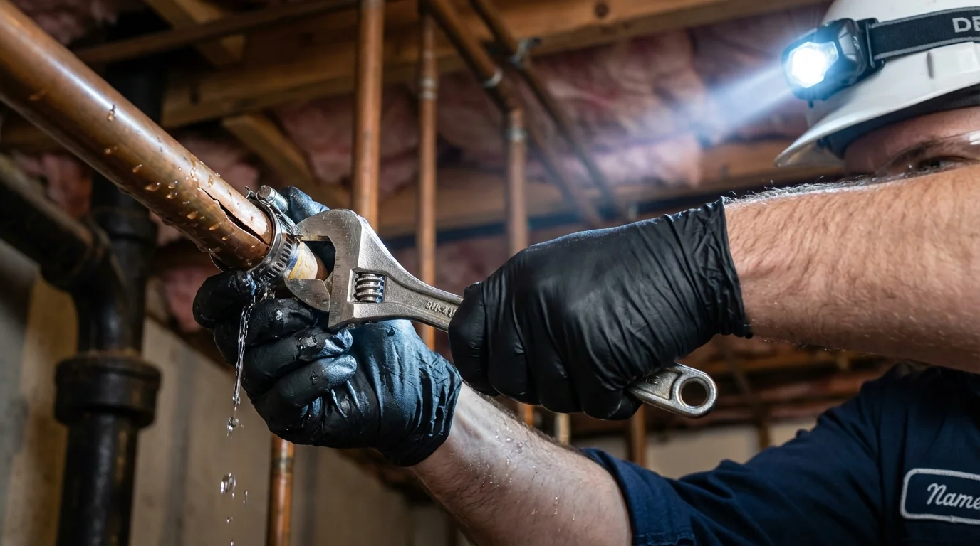 Emergency pipe clamp repair being performed by a Johns Plumbing LLC plumber in Carteret