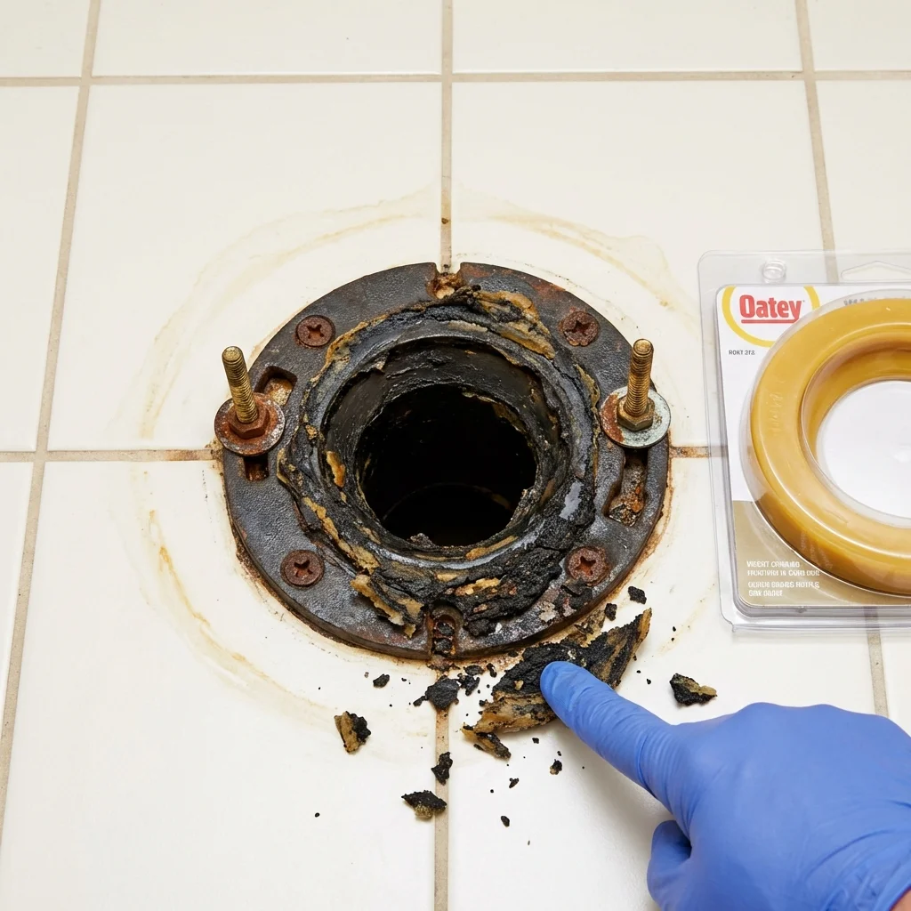 Failed wax ring showing water seepage at the base of a toilet in a Carteret, NJ home