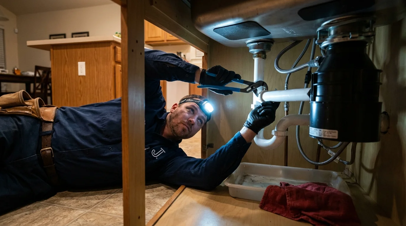 P-trap and supply line connections under a kitchen sink showing a common leak point in Carteret, NJ